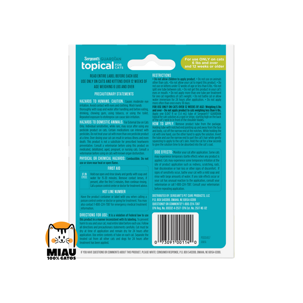 Antipulgas y Repelente Seargent's Guardian para gatos