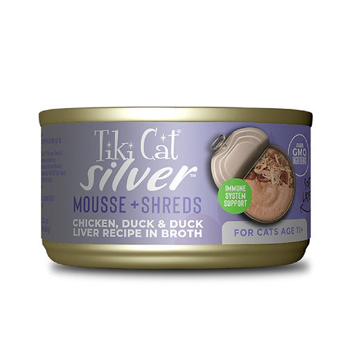LATA TIKI CAT SILVER POLLO Y PATO EN CALDO DE HIGADO DE PATO SHREDS AND MOUSSE 68 GR
