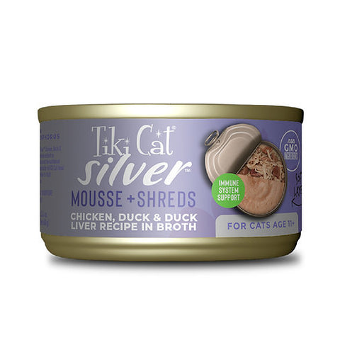 LATA TIKI CAT SILVER POLLO Y PATO EN CALDO DE HIGADO DE PATO SHREDS AND MOUSSE 68 GR