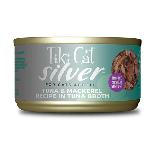 LATA TIKI CAT SILVER ATUN Y CABALLA EN CALDO DE ATÚN 68 GR