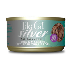 LATA TIKI CAT SILVER ATUN Y CABALLA EN CALDO DE ATÚN 68 GR