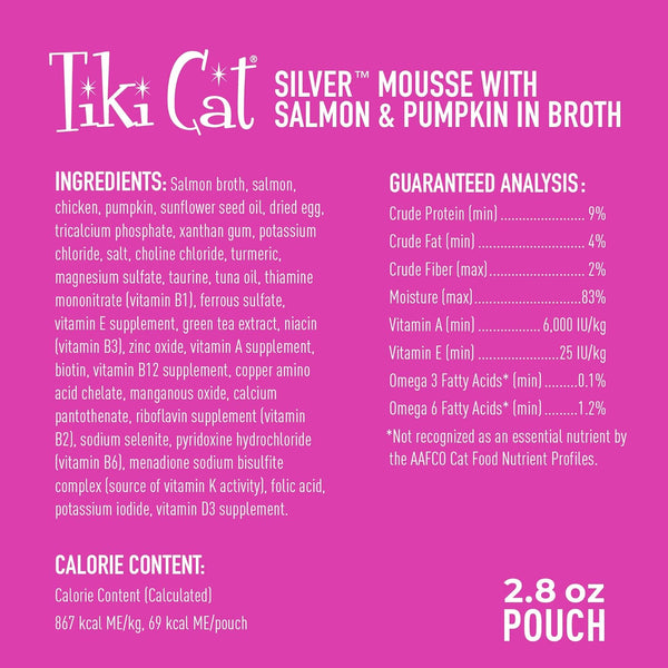 TIKI CAT SILVER MOUSSE CON SALMÓN Y CALABAZA PARA GATOS SENIOR 80 GR