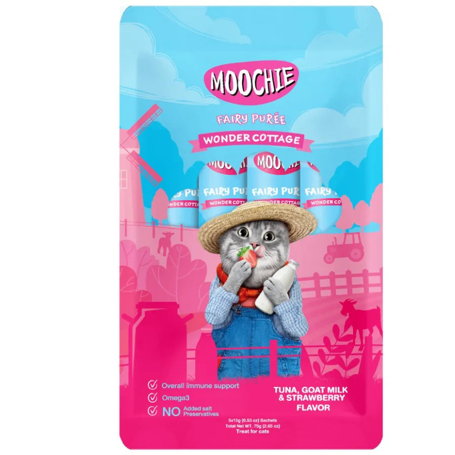 MOOCHIE – PURÉ DE HADAS SABOR ATÚN, LECHE DE CABRA Y FRESA