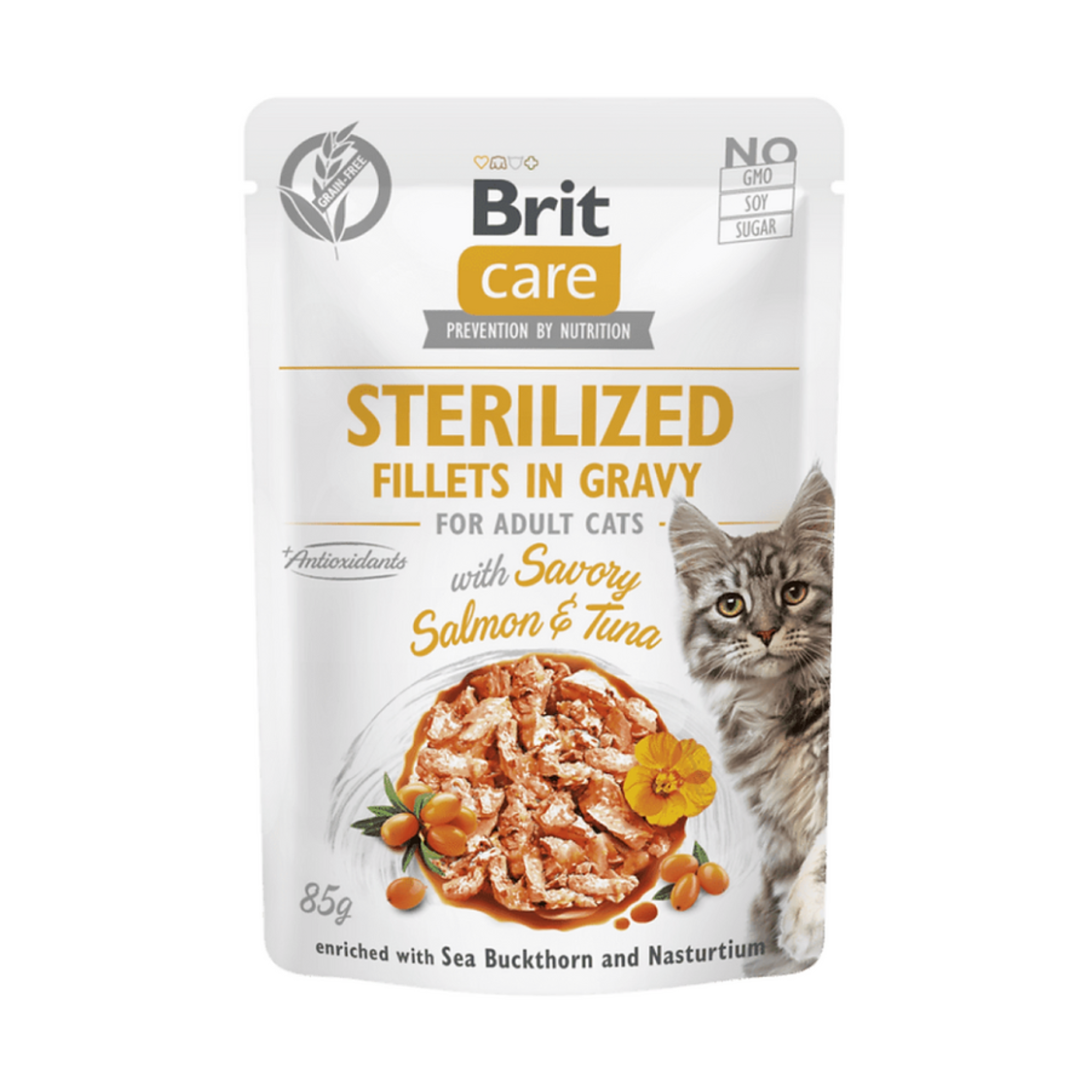 SACHET BRIT CARE FILLETS GATO ESTERILIZADO SALMÓN Y ATÚN GRAVY