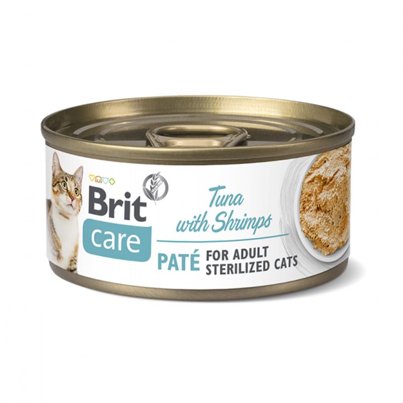 LATA BRIT CARE - GATO ESTERILIZADO ATÚN Y CAMARÓN